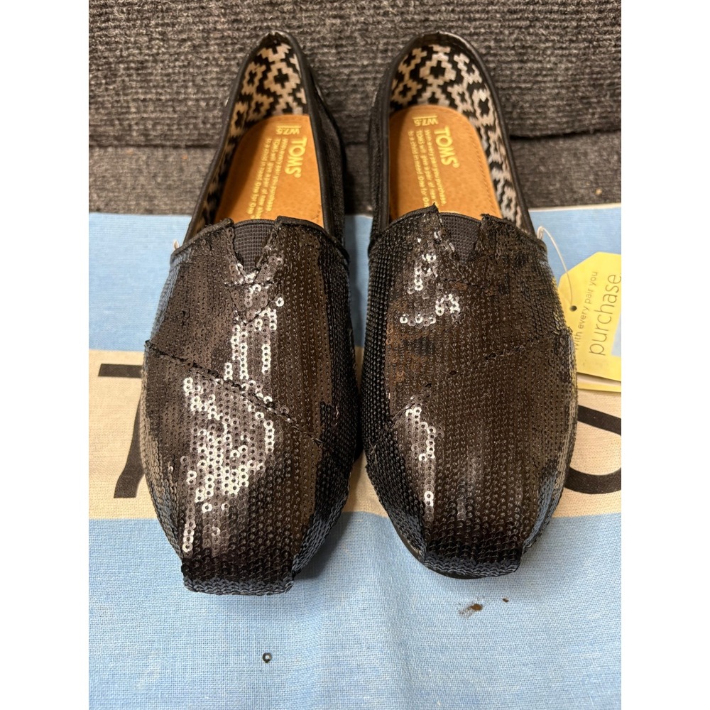 TOMS Classics Black Sequin Alpargata Slip On Flats Shoes Womens 7.5 001064B11
